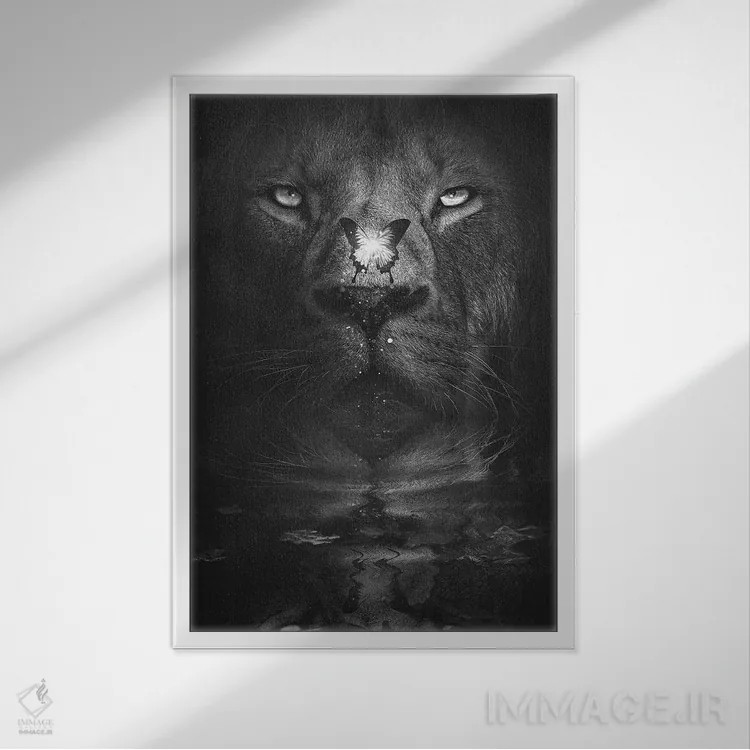 تابلو دکوراتیو شیر و پروانه اثر آدام کازینز - نمای قابدار سفید