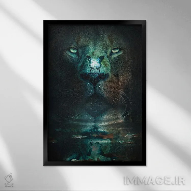 تابلو دکوراتیو شیر و پروانه اثر آدام کازینز - نمای قابدار مشکی