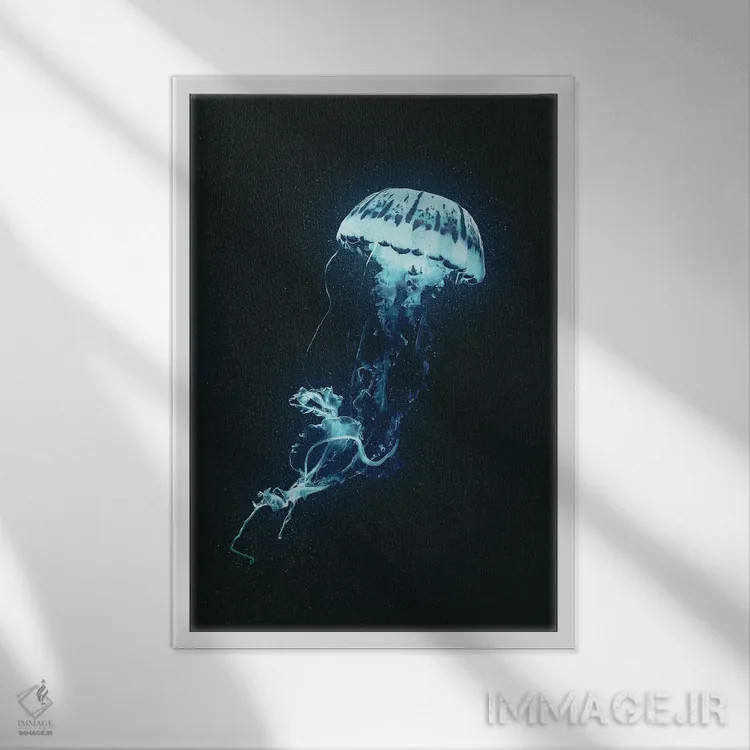 تابلو دکوراتیو عروس دریایی نئونی اثر آدام کازینز - نمای قابدار سفید