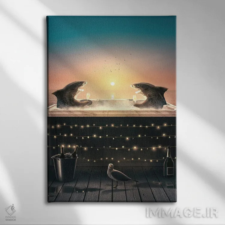 تابلو دکوراتیو کوسه ها در جکوزی اثر آدام کازینز - نمای روبهرو روی دیوار