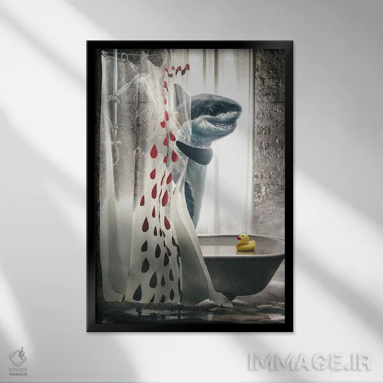 تابلو دکوراتیو کوسه در حمام اثر آدام کازینز - نمای قابدار مشکی