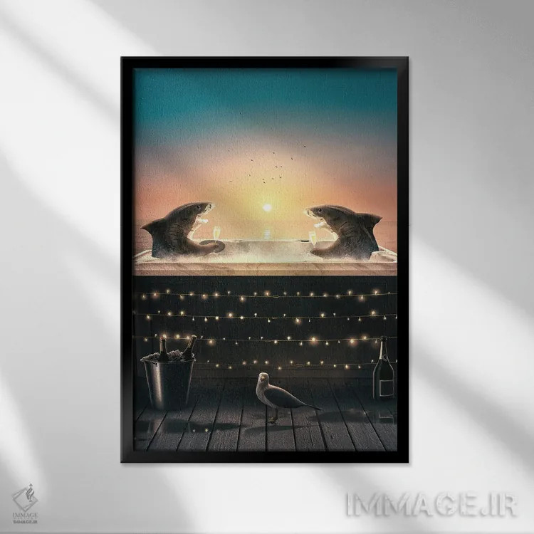 تابلو دکوراتیو کوسه ها در جکوزی اثر آدام کازینز - نمای قابدار مشکی