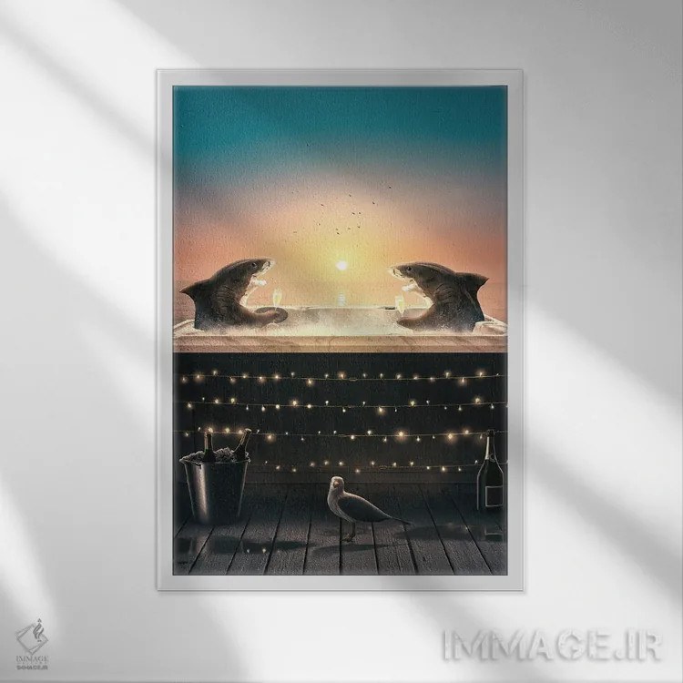 تابلو دکوراتیو کوسه ها در جکوزی اثر آدام کازینز - نمای قابدار سفید