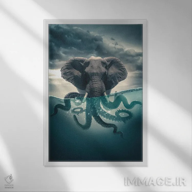 تابلو دکوراتیو اختاپوس-فیل اثر آدام کازینز - نمای قابدار سفید