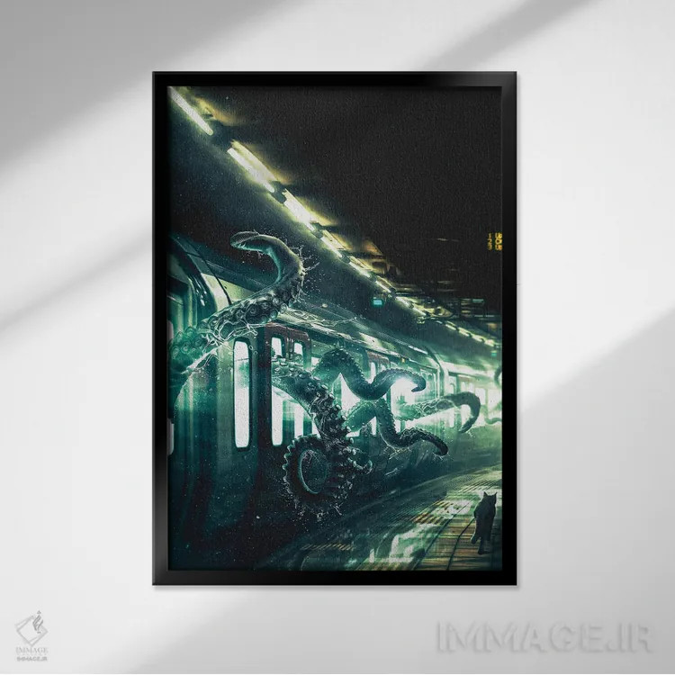 تابلو دکوراتیو اختاپوس سوار مترو اثر آدام کازینز - نمای قابدار مشکی