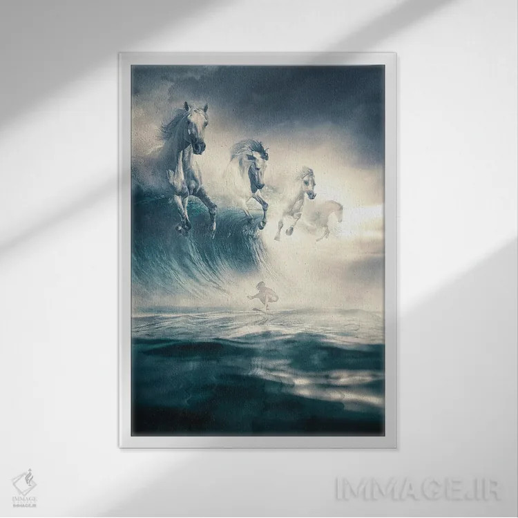 تابلو دکوراتیو اسب های سفید اثر آدام کازینز - نمای قابدار سفید