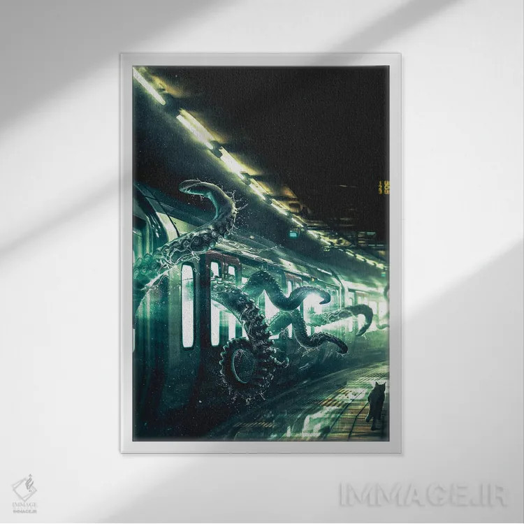 تابلو دکوراتیو اختاپوس سوار مترو اثر آدام کازینز - نمای قابدار سفید