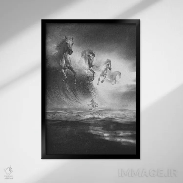تابلو دکوراتیو اسب های سفید اثر آدام کازینز - نمای قابدار مشکی
