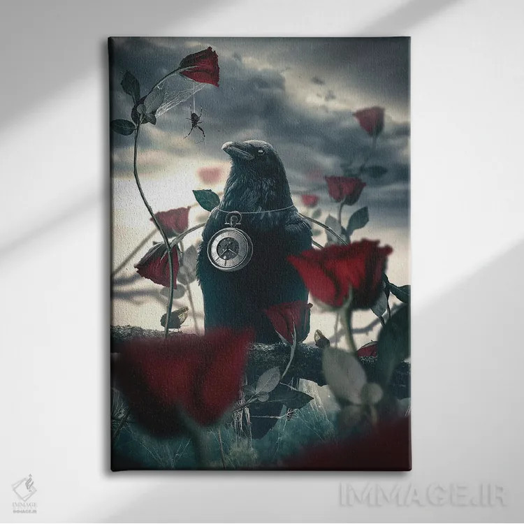 تابلو دکوراتیو کلاغ و گل رز اثر آدام کازینز - نمای روبهرو روی دیوار