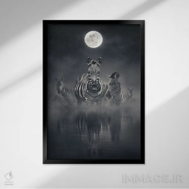 تابلو دکوراتیو گورخرها در شب اثر آدام کازینز - نمای قابدار مشکی