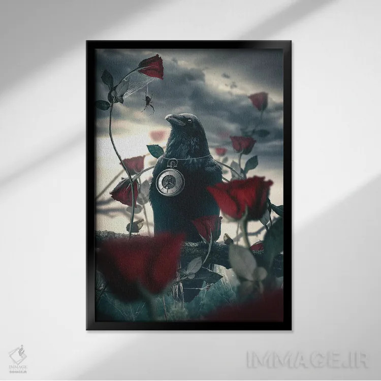 تابلو دکوراتیو کلاغ و گل رز اثر آدام کازینز - نمای قابدار مشکی