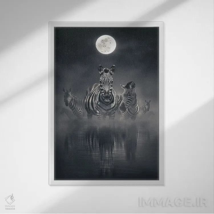 تابلو دکوراتیو گورخرها در شب اثر آدام کازینز - نمای قابدار سفید