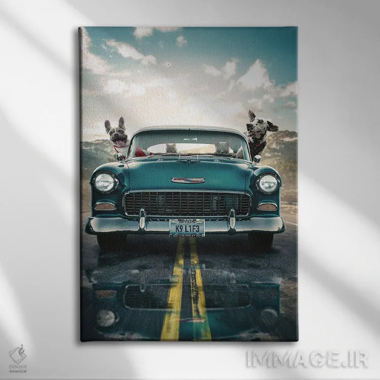 تابلو دکوراتیو سفر تفریحی سگ ها اثر آدام کازینز - نمای روبهرو روی دیوار