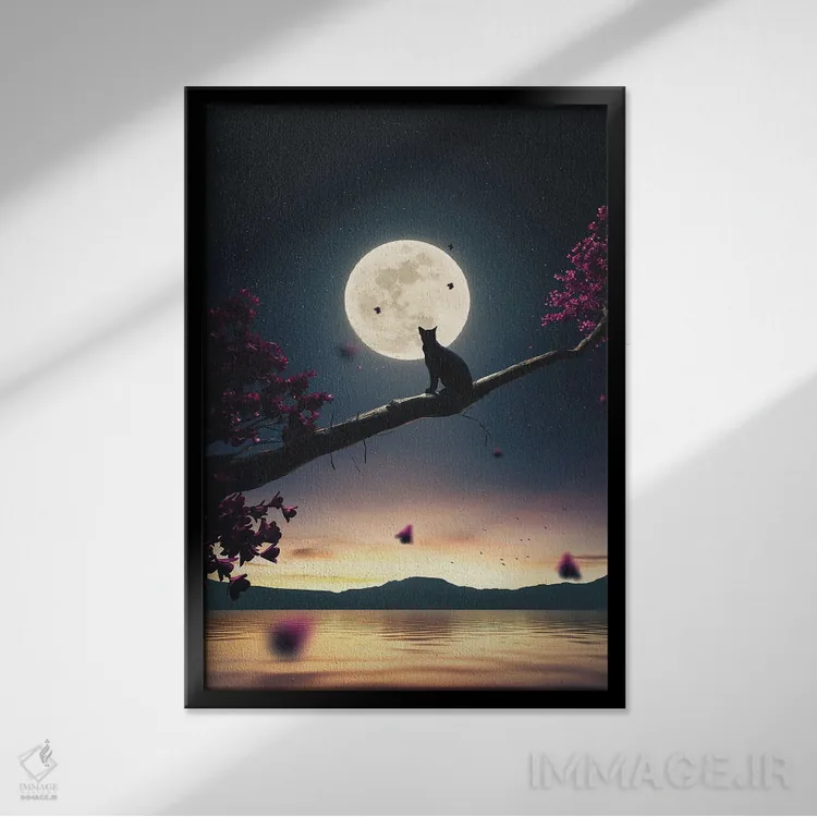 تابلو دکوراتیو گربه سیاه و ماه اثر آدام کازینز - نمای قابدار مشکی