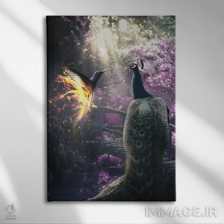 تابلو دکوراتیو طاووس و مرغ مگس خوار اثر آدام کازینز - نمای روبهرو روی دیوار