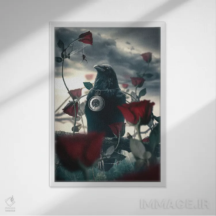 تابلو دکوراتیو کلاغ و گل رز اثر آدام کازینز - نمای قابدار سفید