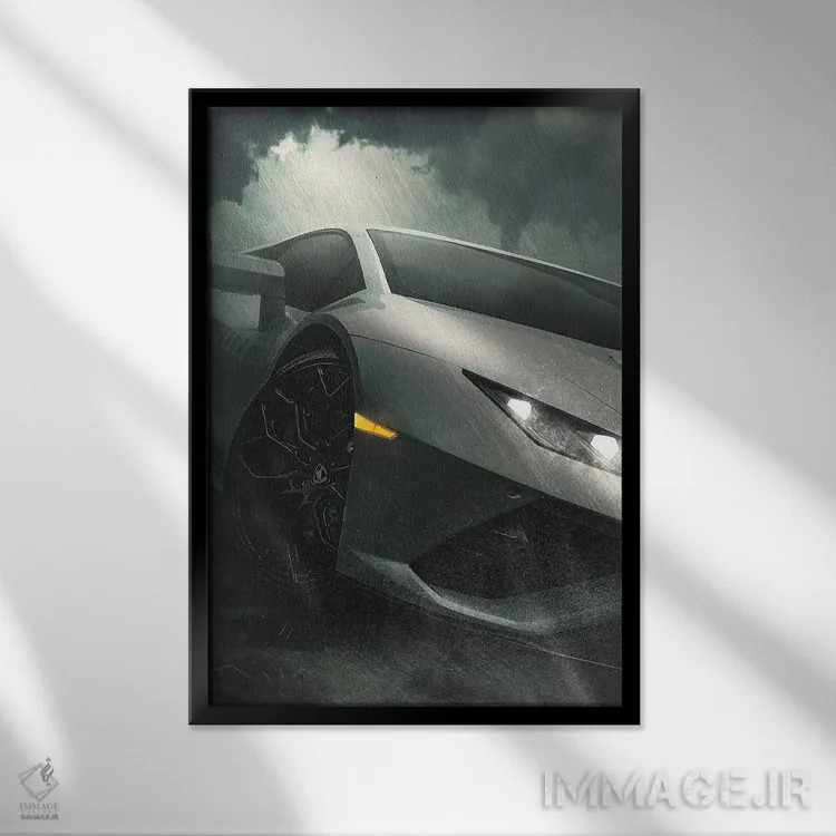 تابلو دکوراتیو لامبورگینی زیر باران اثر آدام کازینز - نمای قابدار مشکی