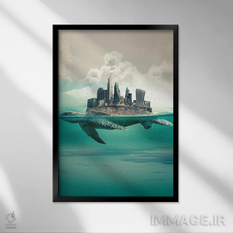 تابلو دکوراتیو شهر لاک پشت ها اثر آدام کازینز - نمای قابدار مشکی