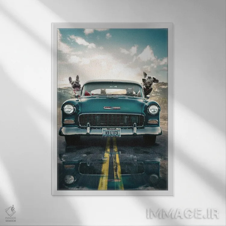 تابلو دکوراتیو سفر تفریحی سگ ها اثر آدام کازینز - نمای قابدار سفید