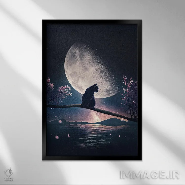 تابلو دکوراتیو گربه سیاه و ماه اثر آدام کازینز - نمای قابدار مشکی