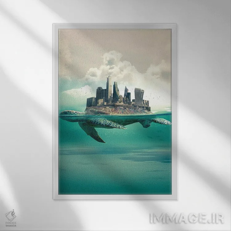 تابلو دکوراتیو شهر لاک پشت ها اثر آدام کازینز - نمای قابدار سفید