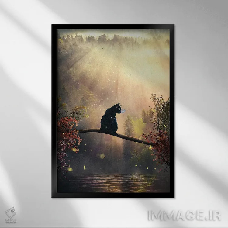 تابلو دکوراتیو گربه سیاه در جنگل جادویی اثر آدام کازینز - نمای قابدار مشکی