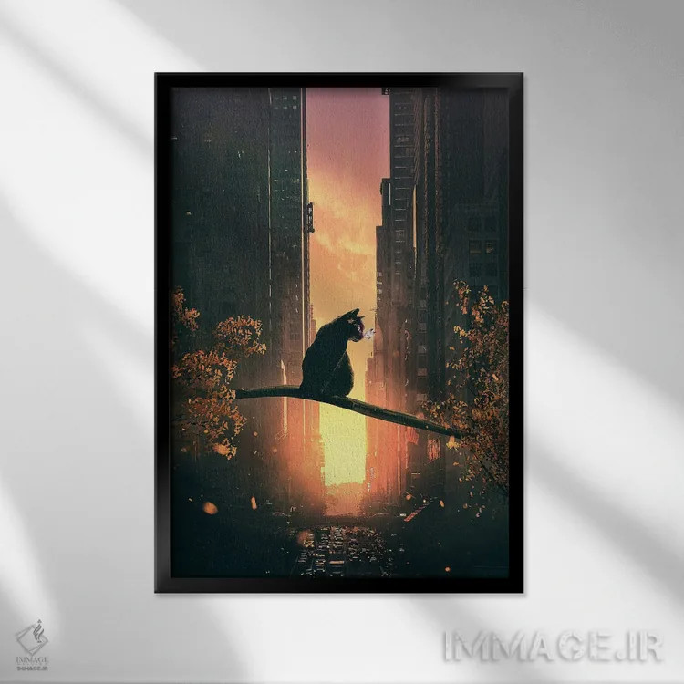 تابلو دکوراتیو گربه سیاه در شهر اثر آدام کازینز - نمای قابدار مشکی