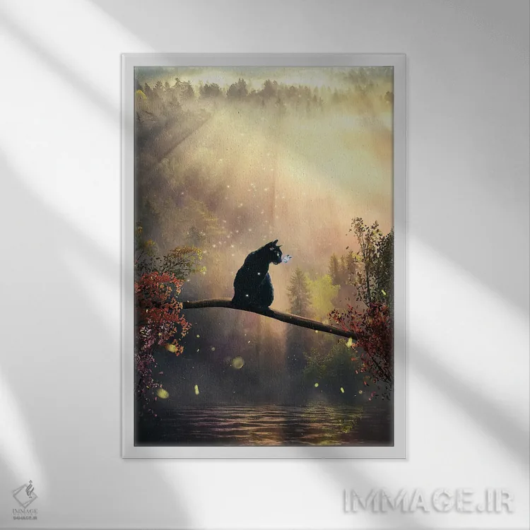 تابلو دکوراتیو گربه سیاه در جنگل جادویی اثر آدام کازینز - نمای قابدار سفید