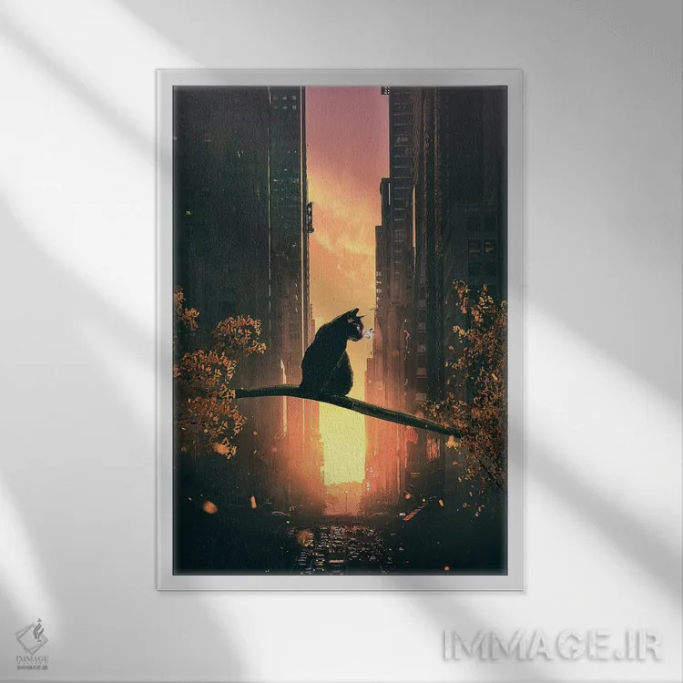 تابلو دکوراتیو گربه سیاه در شهر اثر آدام کازینز - نمای قابدار سفید