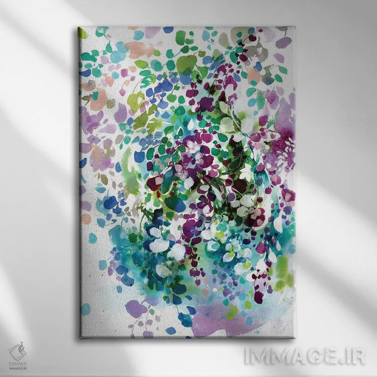 تابلو انتزاعی گلبرگ ها و برگ ها اثر کریتیو اینگرید - نمای روبهرو روی دیوار