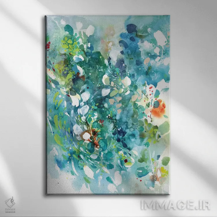 تابلو انتزاعی رقص فیروزه ای اثر کریتیو اینگرید - نمای روبهرو روی دیوار