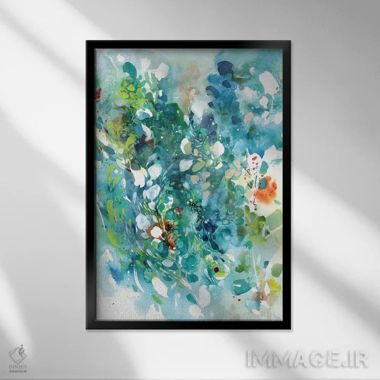 تابلو انتزاعی رقص فیروزه ای اثر کریتیو اینگرید - نمای قابدار مشکی