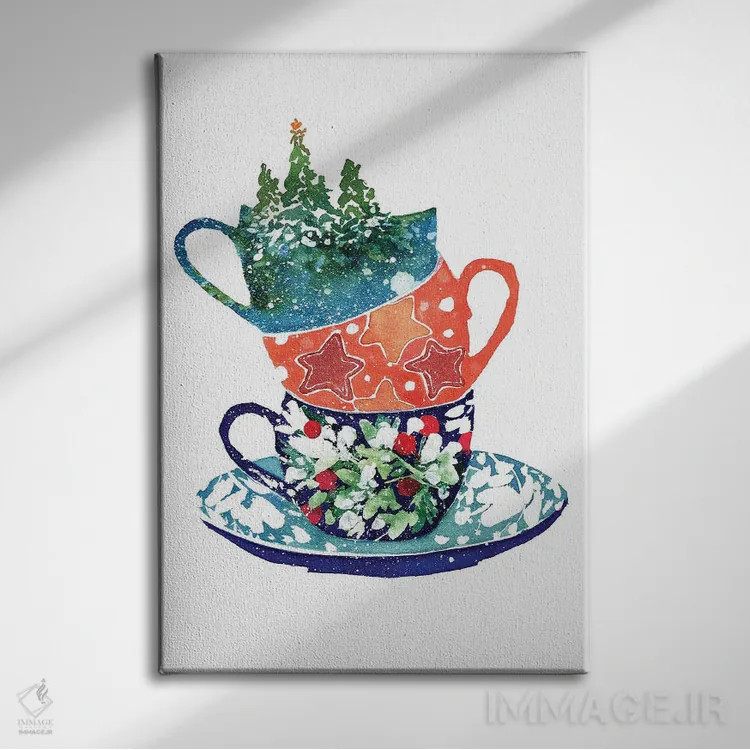 تابلو دکوراتیو فنجان های روی هم چیده کریسمس اثر کریتیو اینگرید - نمای روبهرو روی دیوار