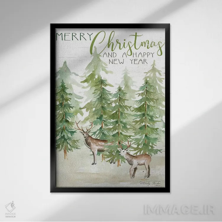 تابلو دکوراتیو گوزن کریسمس مبارک و سال نو خوش اثر سیندی جیکوبز - نمای قابدار مشکی