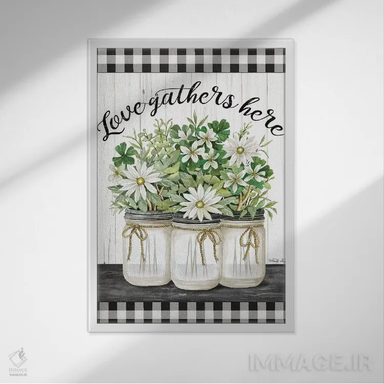 تابلو دکوراتیو عشق اینجا جمع می شود اثر سیندی جیکوبز - نمای قابدار سفید