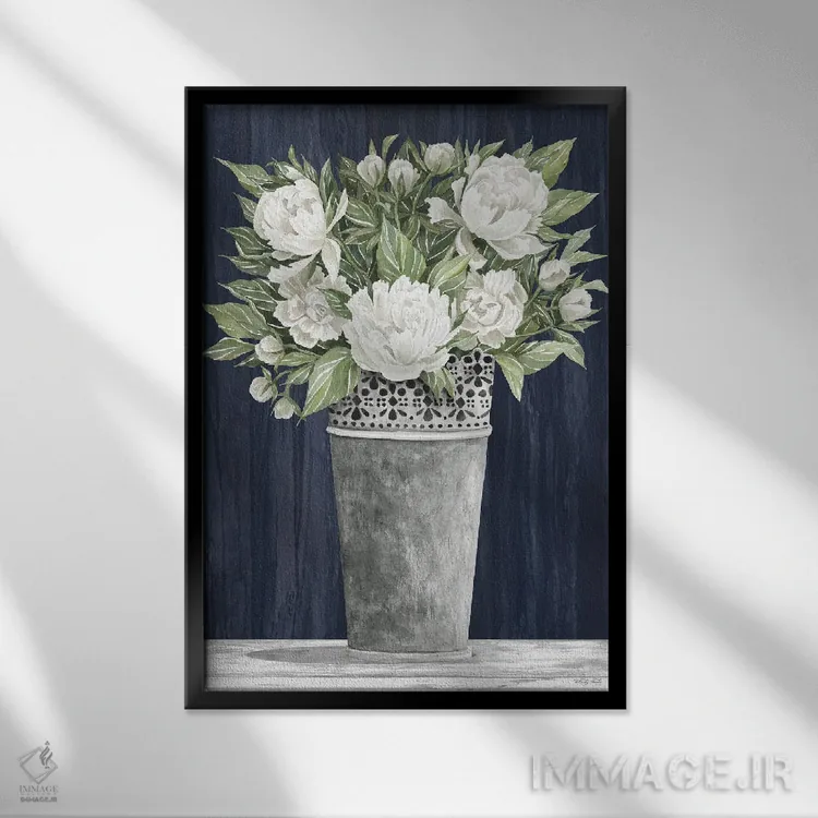 تابلو دکوراتیو قوطی سوراخ شده با گل های سفید اثر سیندی جیکوبز - نمای قابدار مشکی