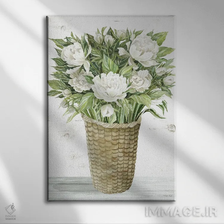 تابلو دکوراتیو سبد گل پئونی اثر سیندی جیکوبز - نمای روبهرو روی دیوار