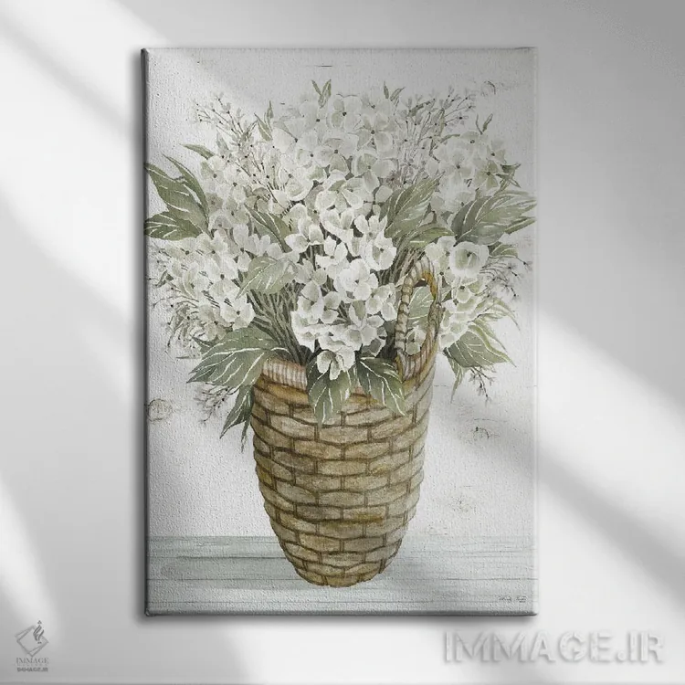 تابلو دکوراتیو سبد هورتانسیا اثر سیندی جیکوبز - نمای روبهرو روی دیوار