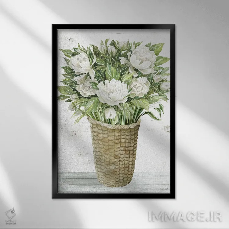 تابلو دکوراتیو سبد گل پئونی اثر سیندی جیکوبز - نمای قابدار مشکی