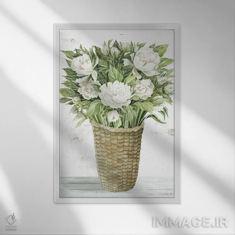 تابلو دکوراتیو سبد گل پئونی اثر سیندی جیکوبز - نمای قابدار سفید