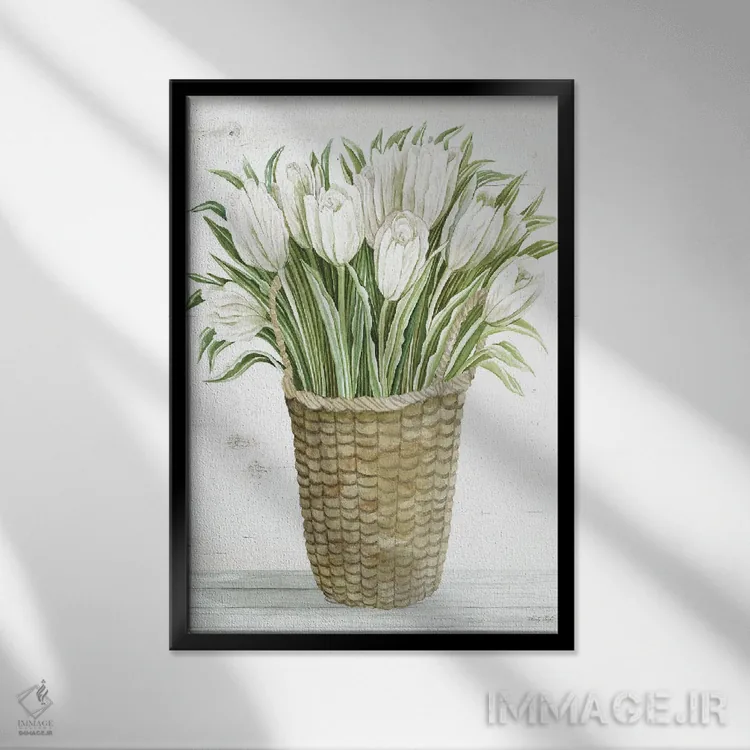 تابلو دکوراتیو سبد گل لاله اثر سیندی جیکوبز - نمای قابدار مشکی