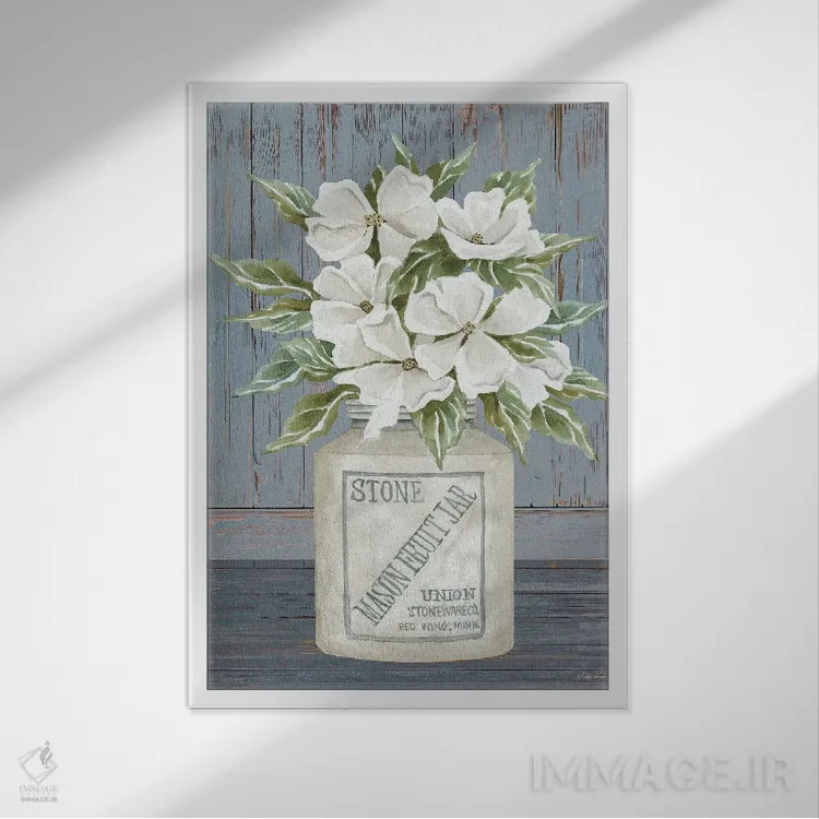 تابلو مدرن شیشه میوه ماسون گلدار اثر سیندی جیکوبز - نمای قابدار سفید
