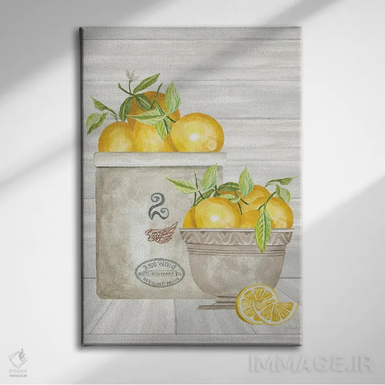 تابلو مدرن گلدان و کاسه لیمو اثر سیندی جیکوبز - نمای روبهرو روی دیوار