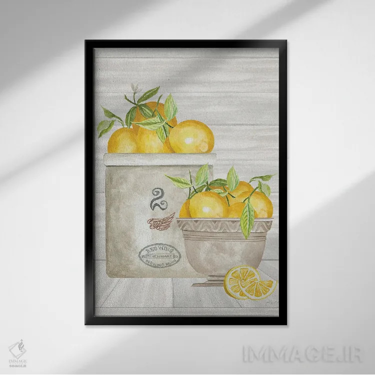 تابلو مدرن گلدان و کاسه لیمو اثر سیندی جیکوبز - نمای قابدار مشکی