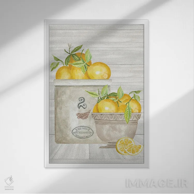 تابلو مدرن گلدان و کاسه لیمو اثر سیندی جیکوبز - نمای قابدار سفید