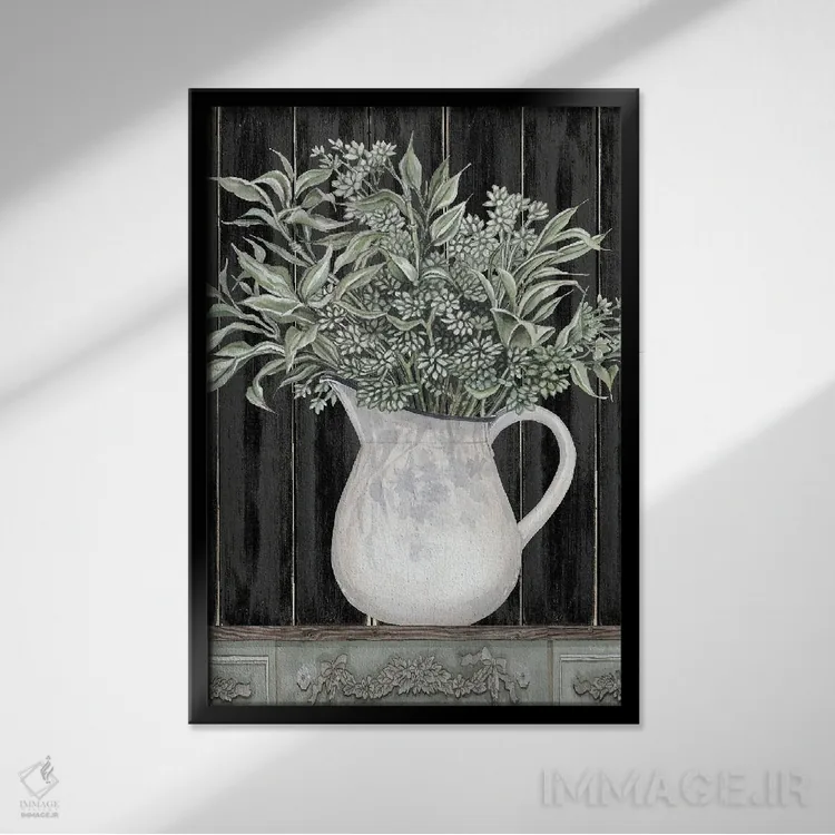 تابلو مدرن سبزیجات مریم در پارچ اثر سیندی جیکوبز - نمای قابدار مشکی