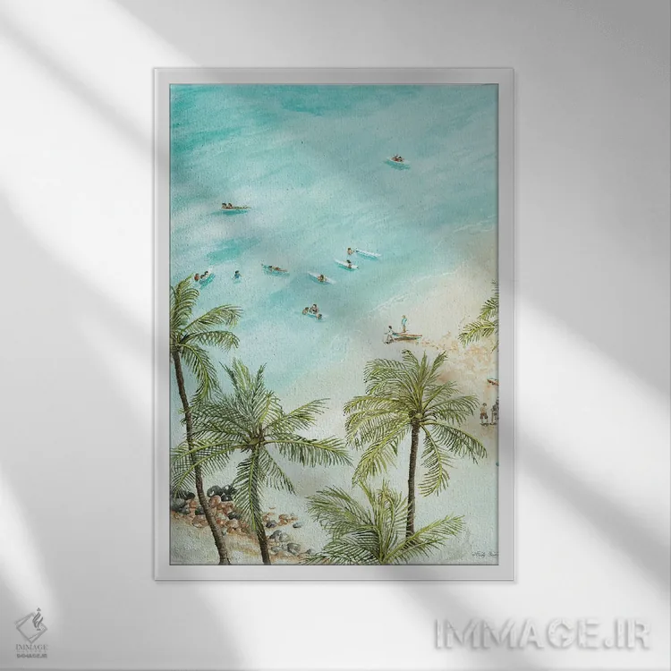 تابلو انتزاعی موج سوارها از دور اثر سیندی جیکوبز - نمای قابدار سفید