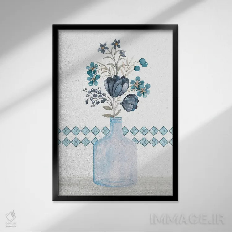 تابلو مدرن داوودی های آبی اثر سیندی جیکوبز - نمای قابدار مشکی