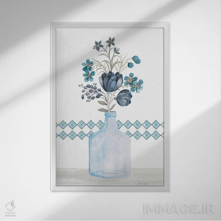 تابلو مدرن داوودی های آبی اثر سیندی جیکوبز - نمای قابدار سفید