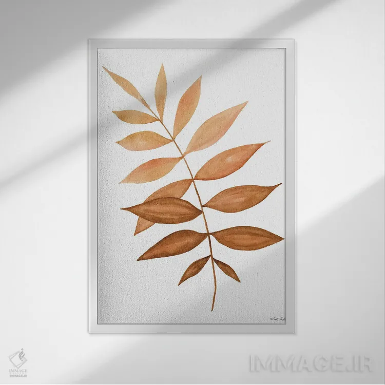 تابلو مینیمال ساقه برگ پاییزی شماره دو اثر سیندی جیکوبز - نمای قابدار سفید